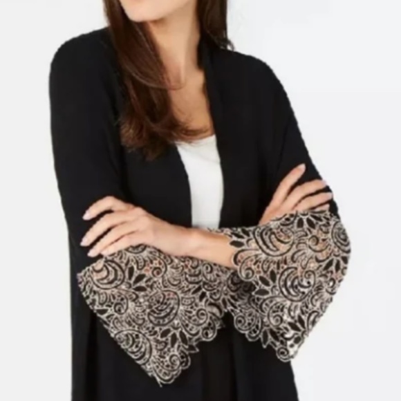 🎄ALFANI🎄Open Front Linen Cardigan🛍️Black Sweater✨White Lace Bell Cuffs🎄Sz: S - Picture 1 of 11